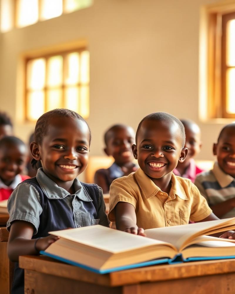 Children smiling while learning in a bright classroom