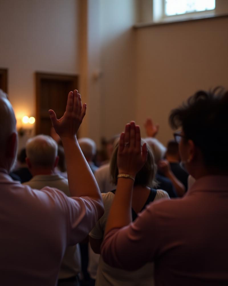 A congregation with hands raised in prayer and worship